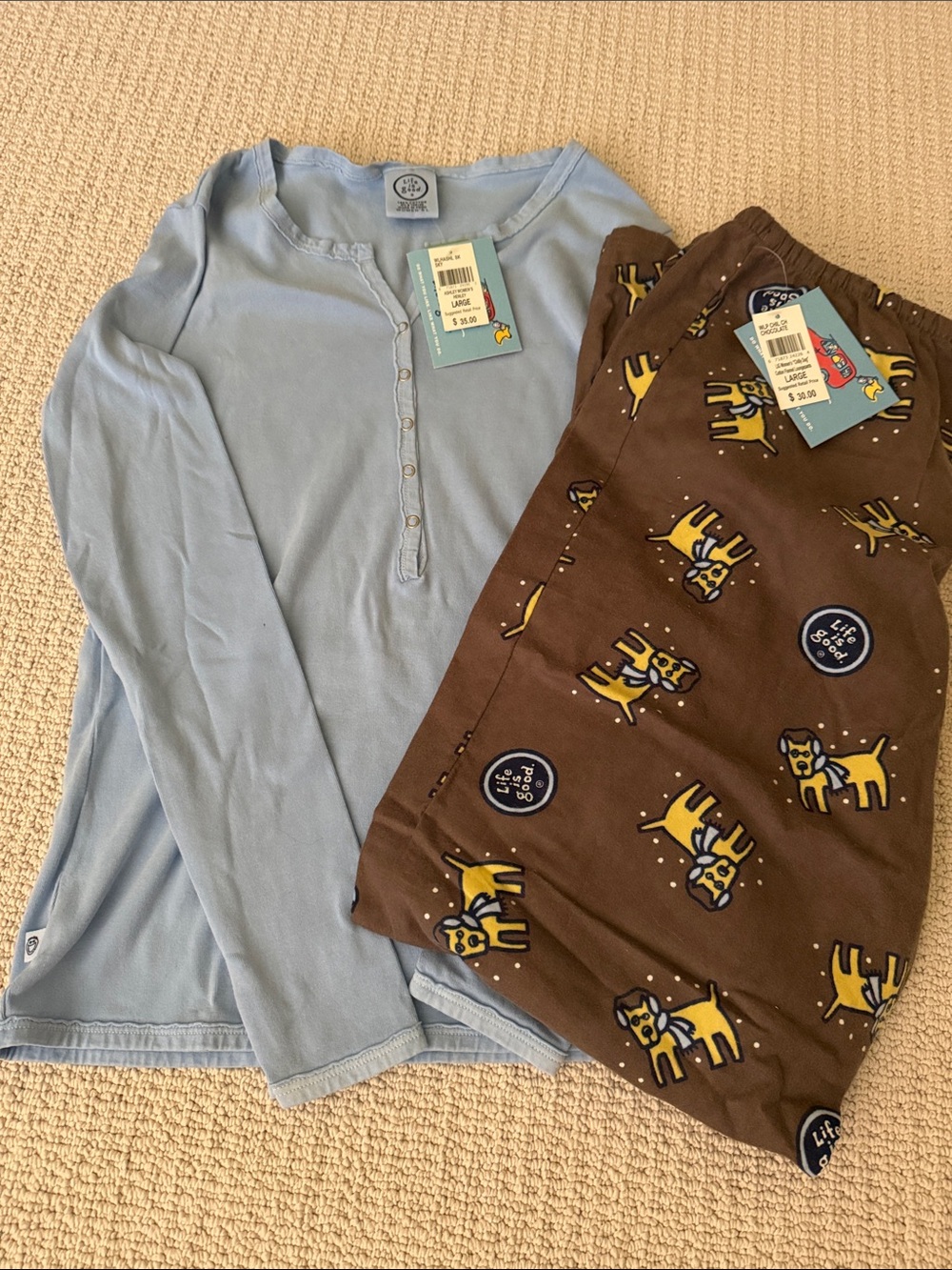 Life Is Good Light Blue Henley Top with Brown Dog-Print Pajama Pants - BRAND NEW